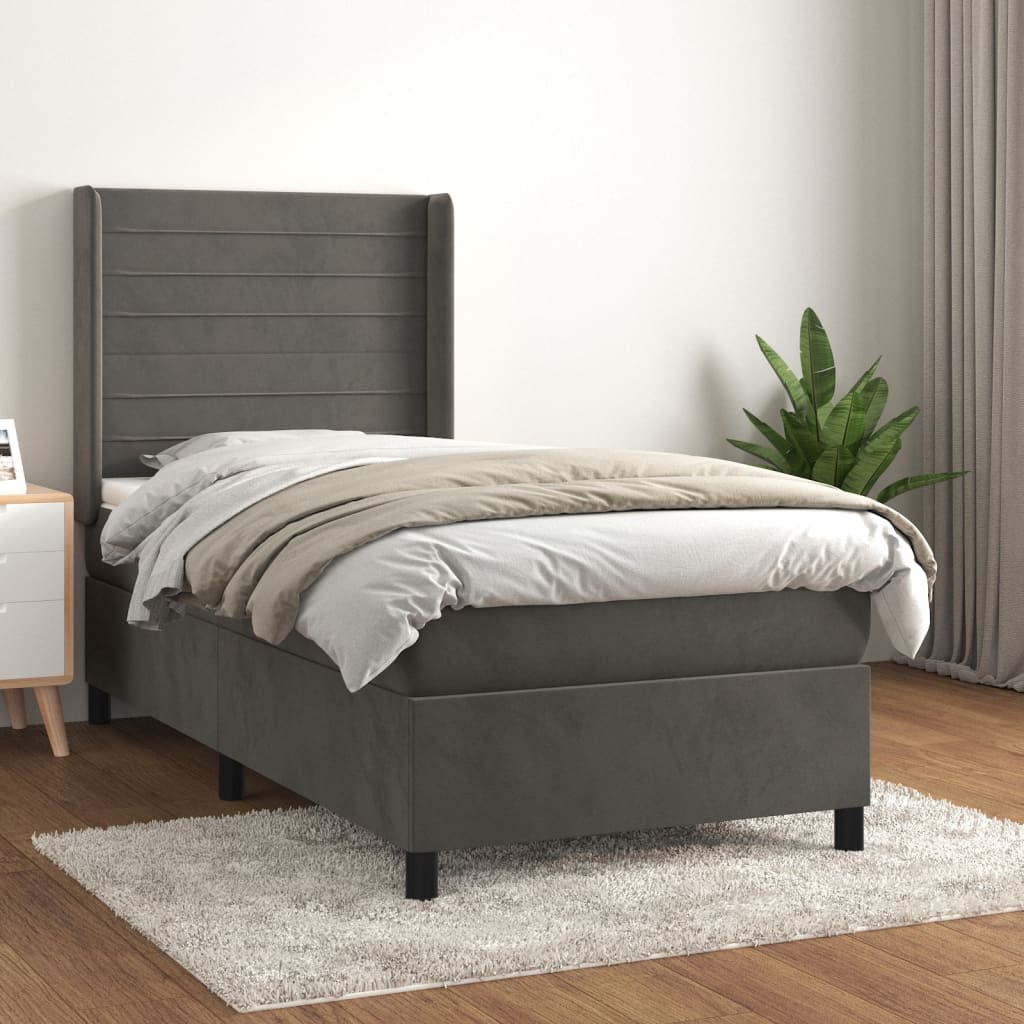 Boxspring met matras fluweel donkergrijs 90x200 cm – afbeelding 1