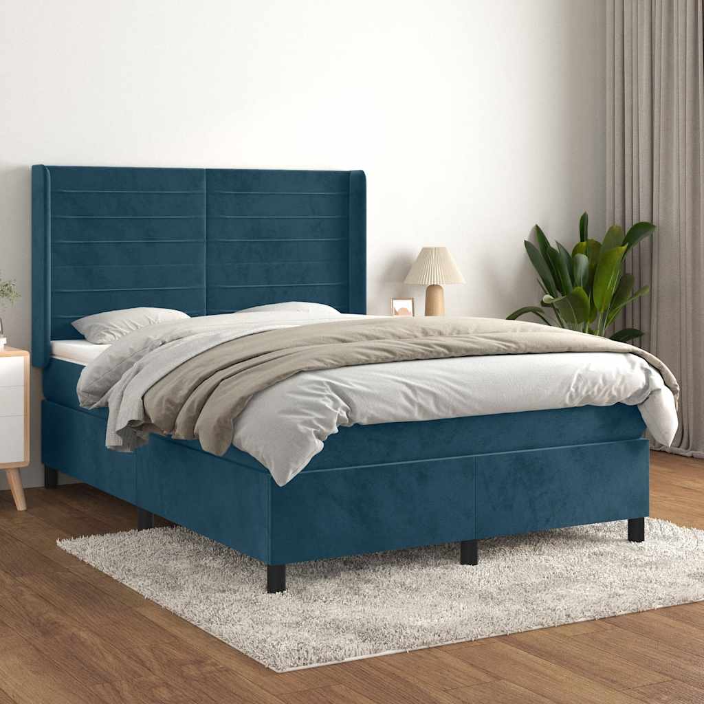 Boxspring met matras fluweel donkerblauw 140x190 cm – afbeelding 1