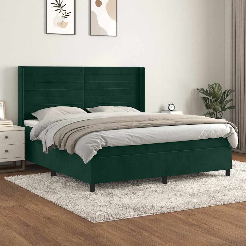 Boxspring met matras fluweel donkergroen 160x200 cm – afbeelding 1
