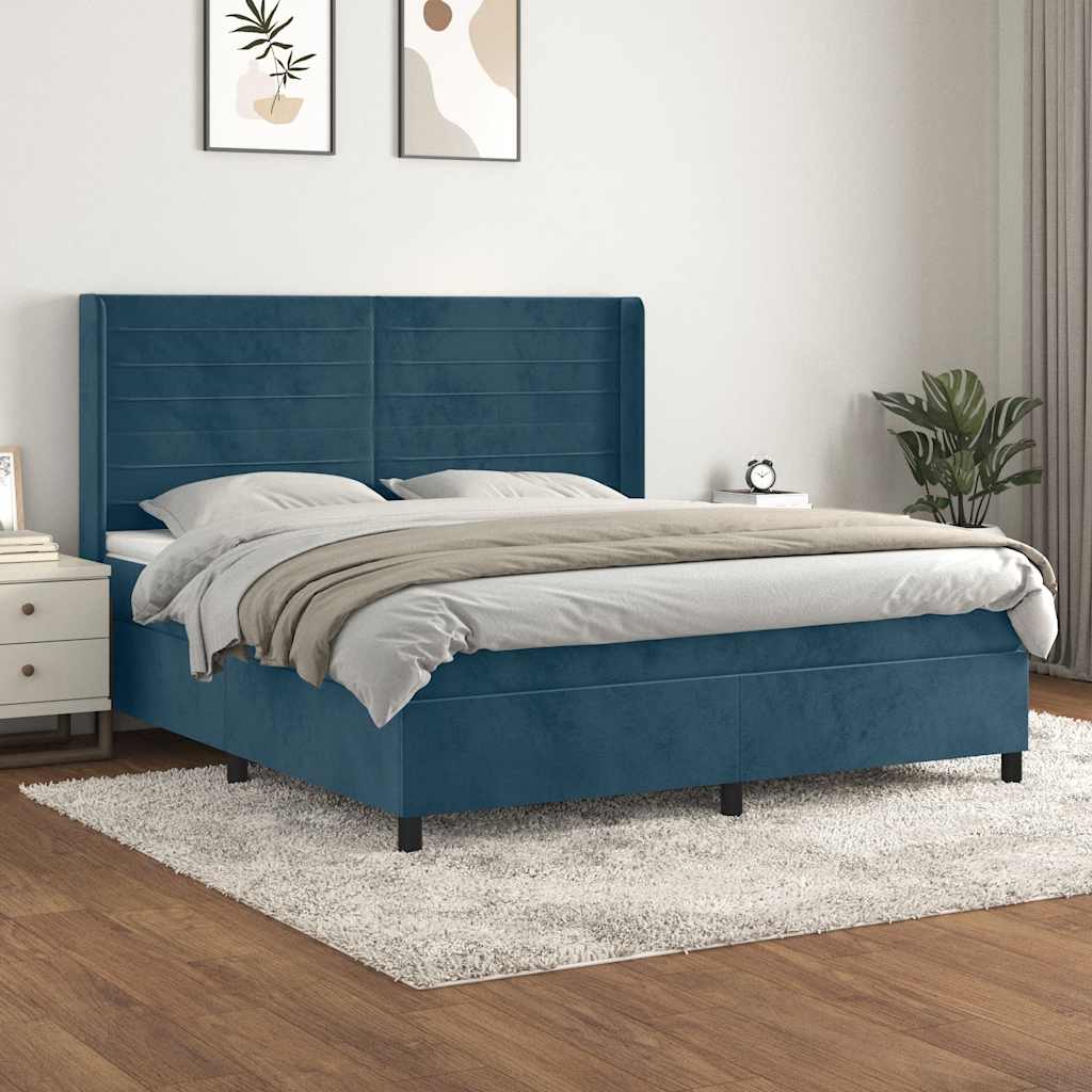 Boxspring met matras fluweel donkerblauw 160x200 cm – afbeelding 1