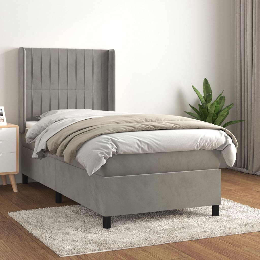 Boxspring met matras fluweel lichtgrijs 90x190 cm – afbeelding 1