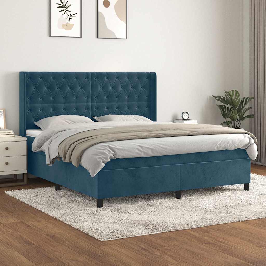 Boxspring met matras fluweel donkerblauw 160x200 cm – afbeelding 1