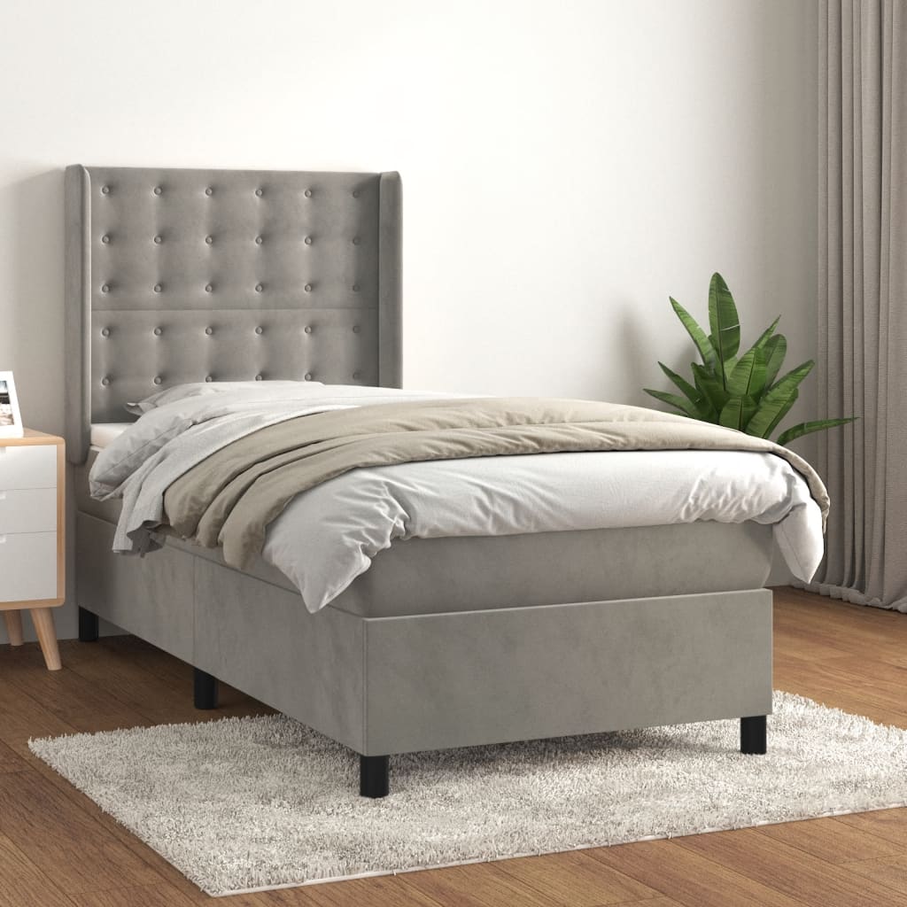 Boxspring met matras fluweel lichtgrijs 90x200 cm – afbeelding 1