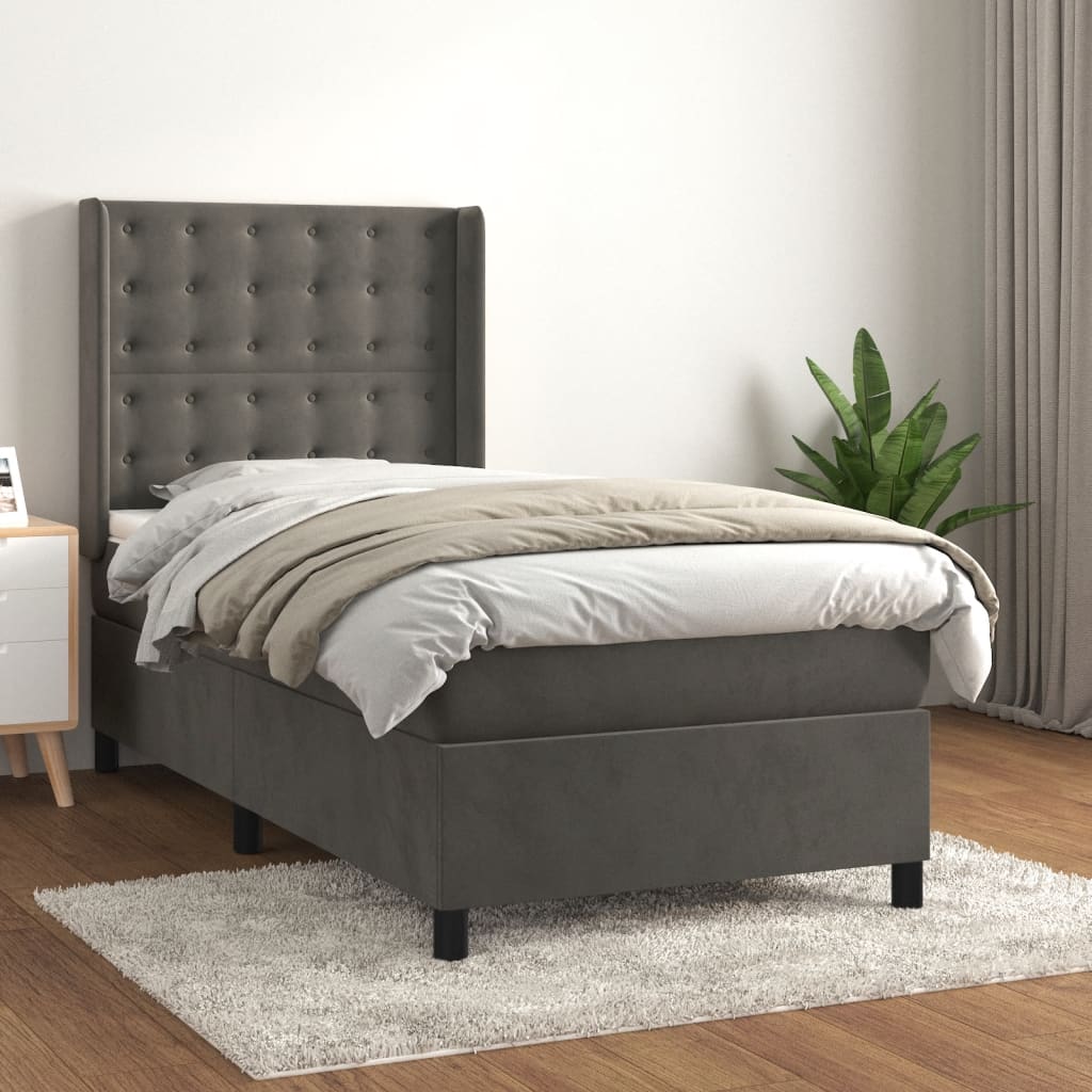 Boxspring met matras fluweel donkergrijs 90x200 cm – afbeelding 1
