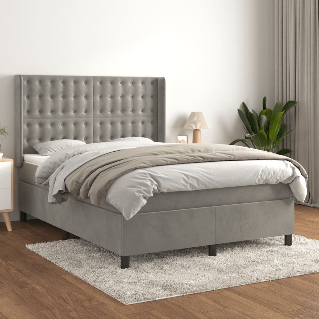 Boxspring met matras fluweel lichtgrijs 140x190 cm – afbeelding 1