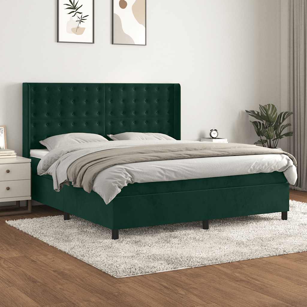Boxspring met matras fluweel donkergroen 160x200 cm – afbeelding 1