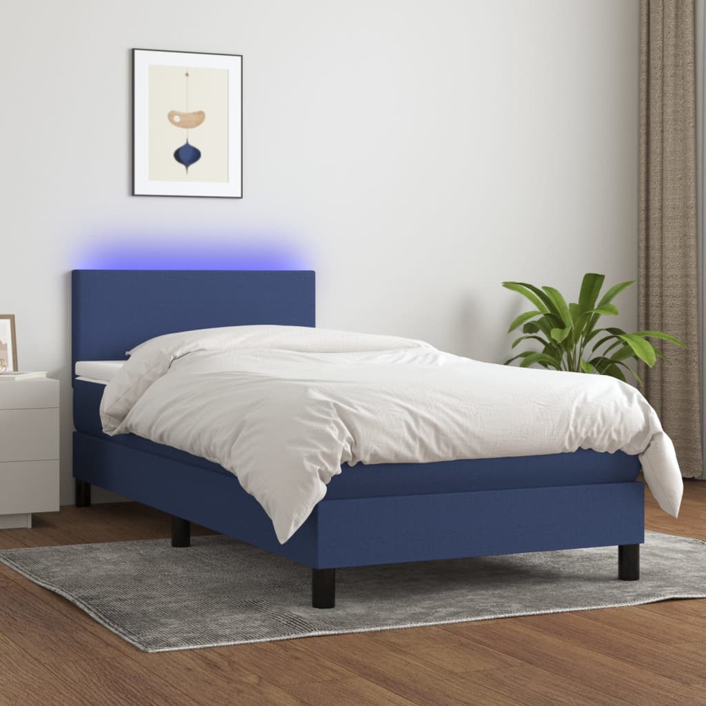 Boxspring met matras en LED stof blauw 90x200 cm – afbeelding 1