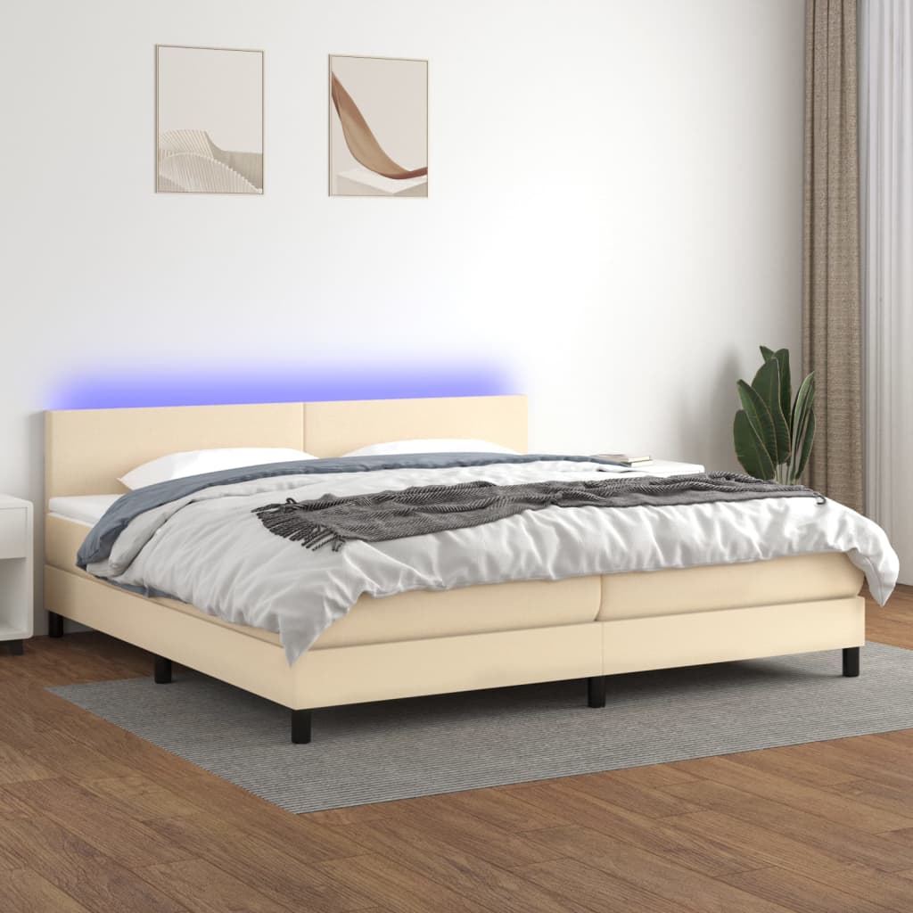 Boxspring met matras en LED stof crèmekleurig 200x200 cm – afbeelding 1