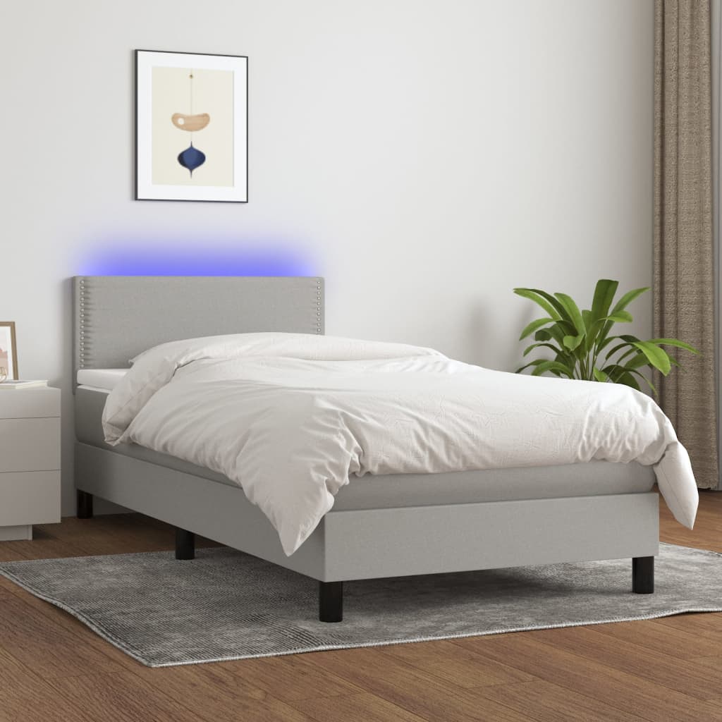 Boxspring met matras en LED stof lichtgrijs 90x200 cm – afbeelding 1