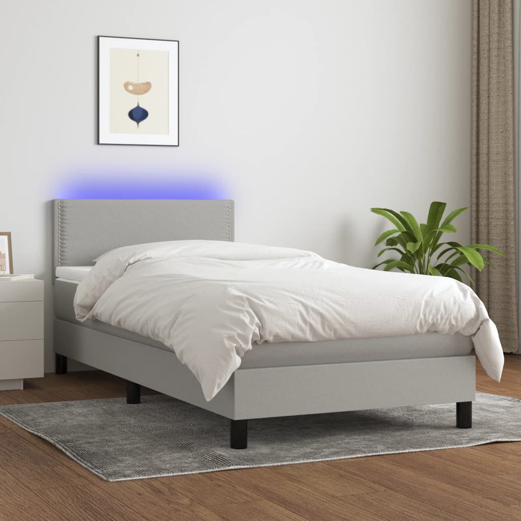 Boxspring met matras en LED stof lichtgrijs 100x200 cm – afbeelding 1