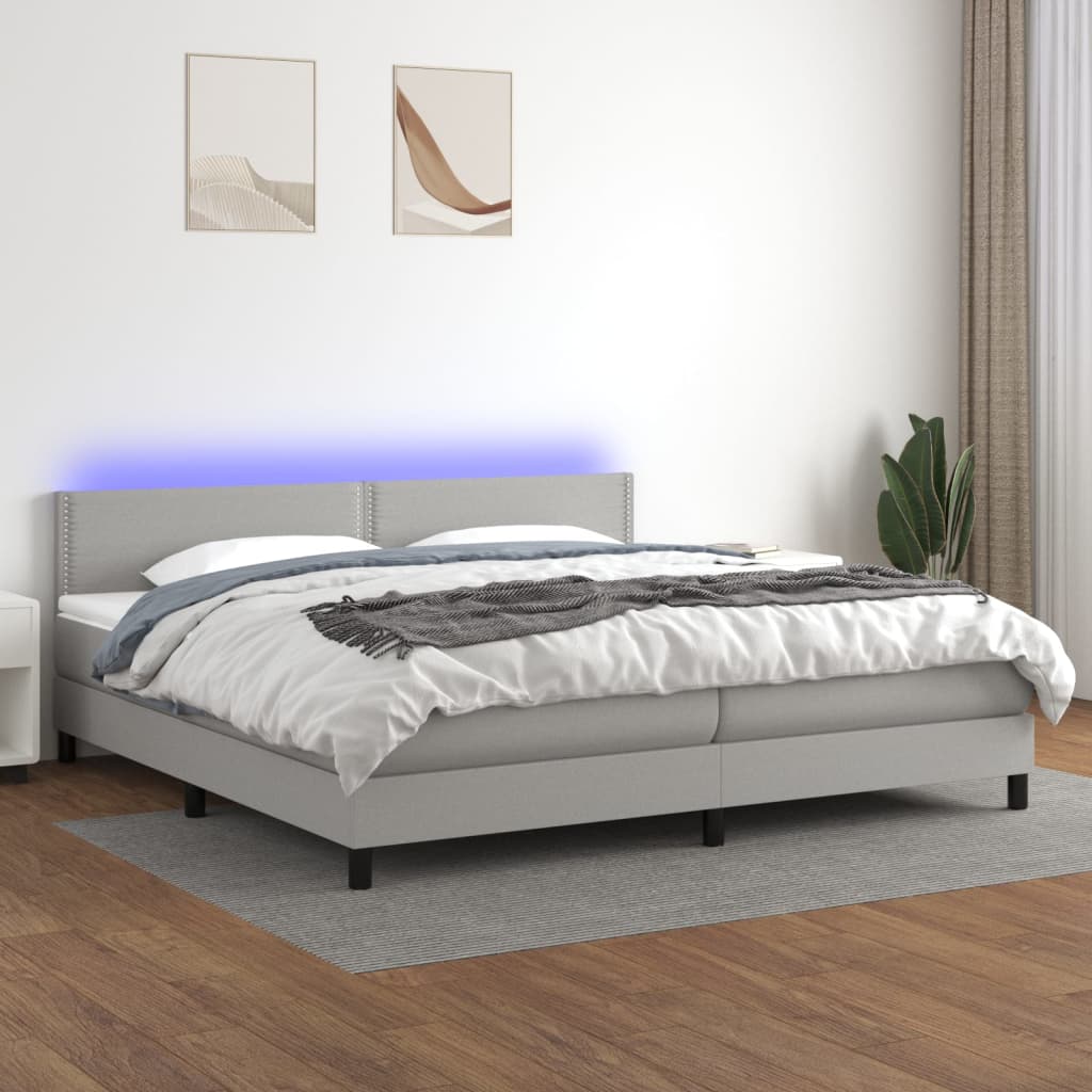 Boxspring met matras en LED stof lichtgrijs 200x200 cm – afbeelding 1
