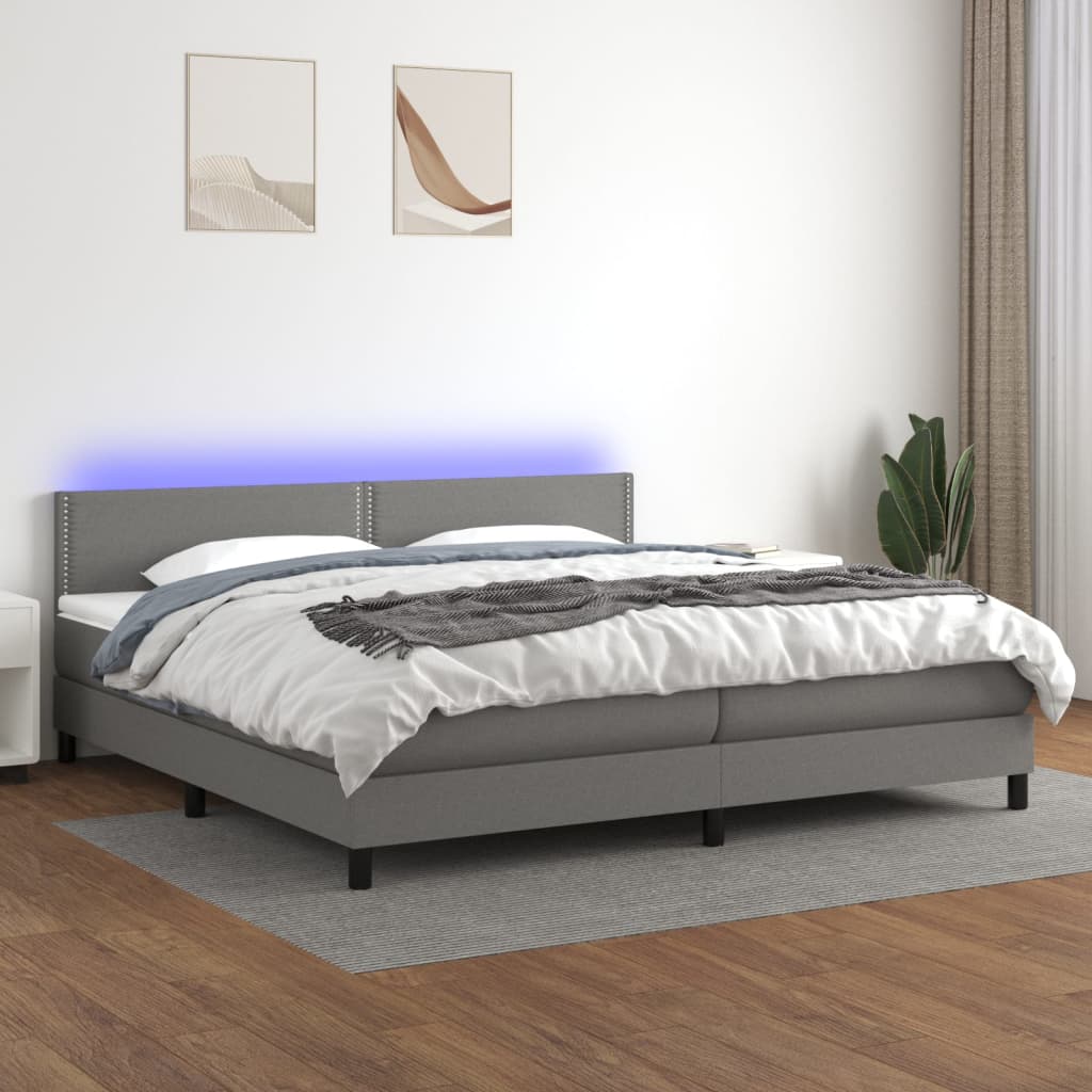 Boxspring met matras en LED stof donkergrijs 200x200 cm – afbeelding 1