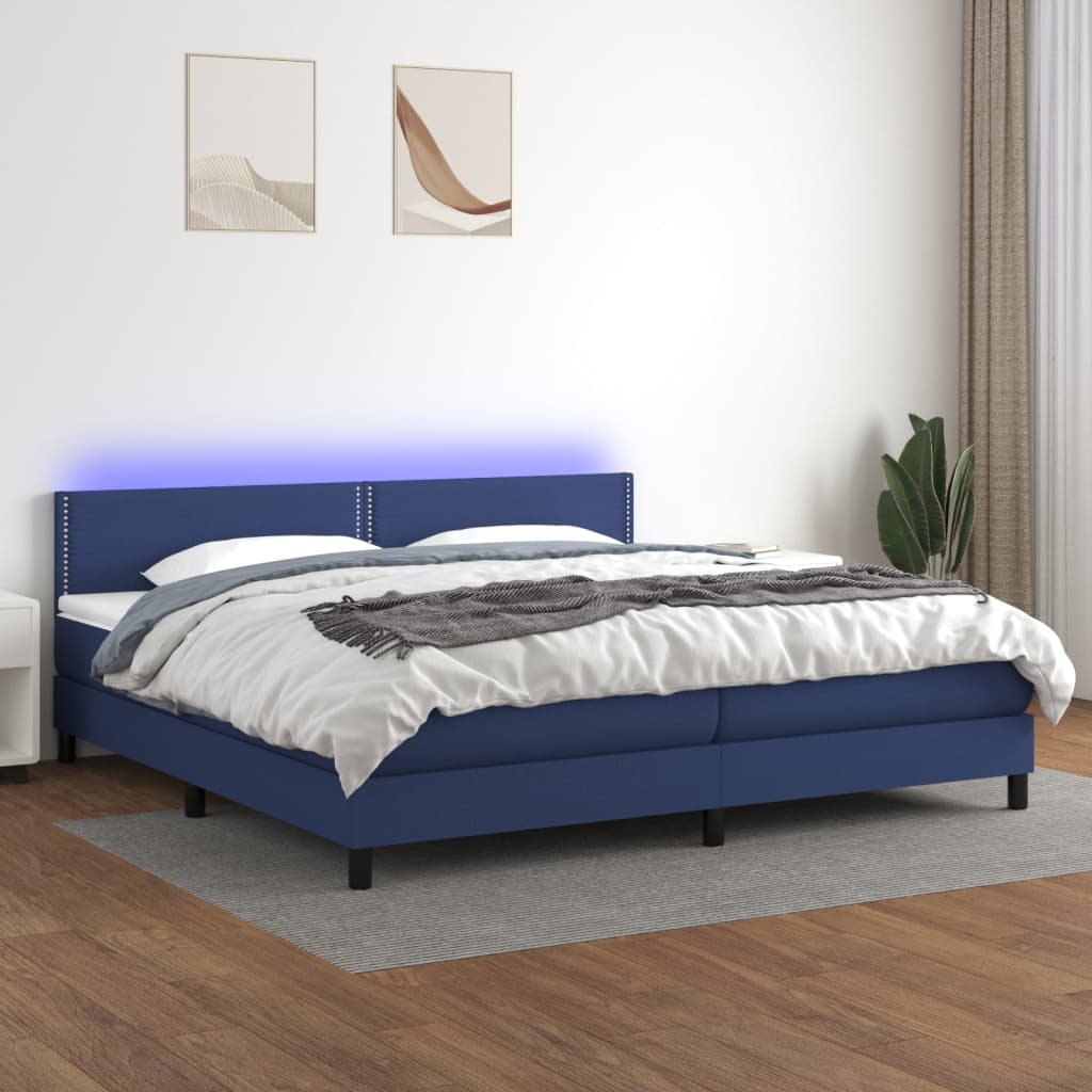 Boxspring met matras en LED stof blauw 200x200 cm – afbeelding 1