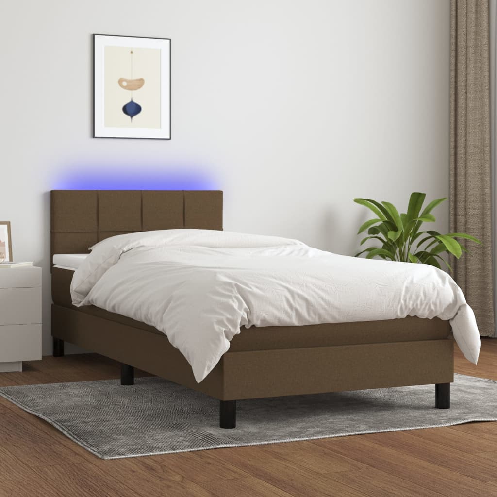 Boxspring met matras en LED stof donkerbruin 100x200 cm – afbeelding 1