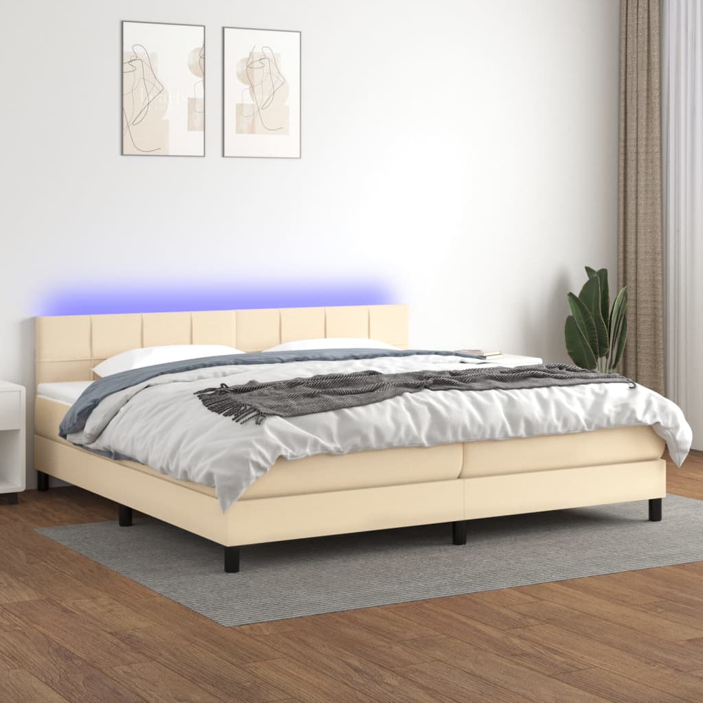 Boxspring met matras en LED stof crèmekleurig 200x200 cm – afbeelding 1