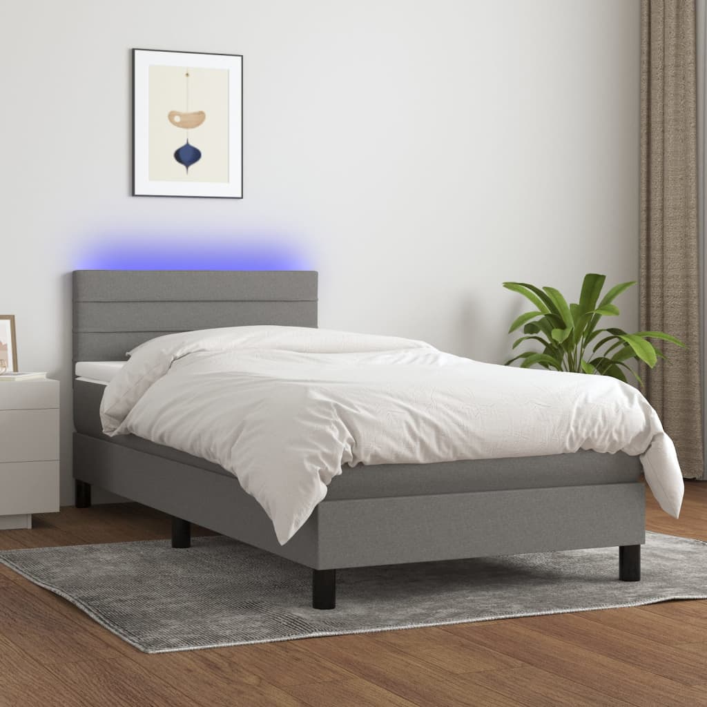 Boxspring met matras en LED stof donkergrijs 90x200 cm – afbeelding 1