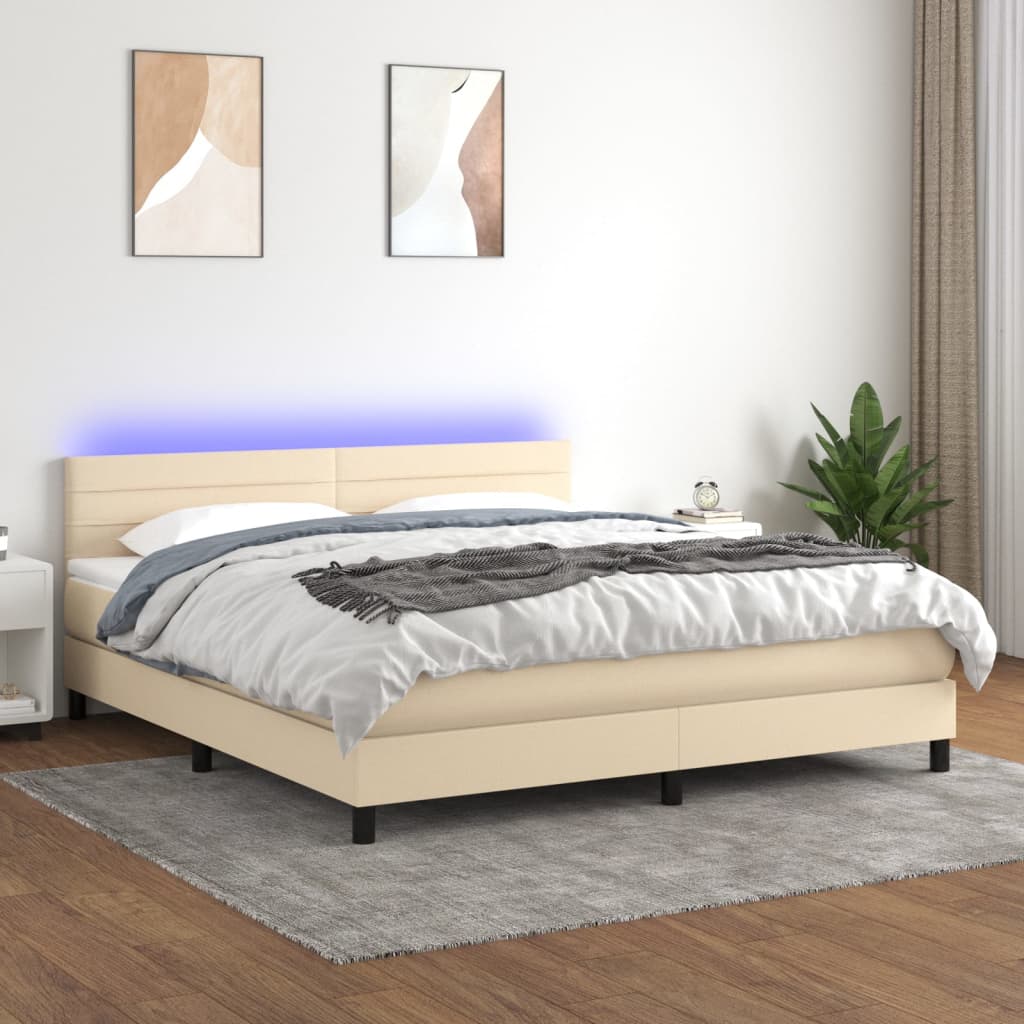 Boxspring met matras en LED stof crèmekleurig 160x200 cm – afbeelding 1