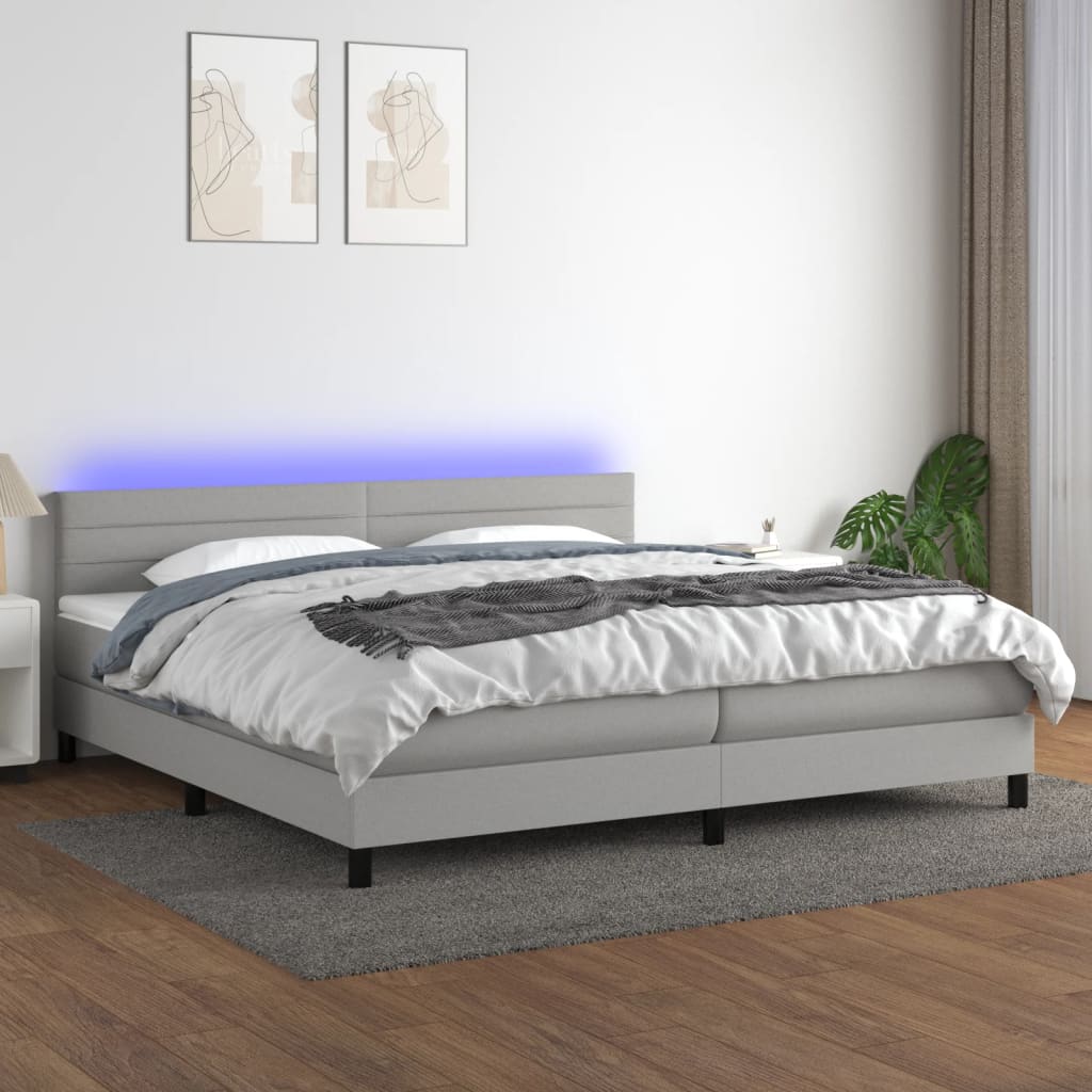 Boxspring met matras en LED stof lichtgrijs 200x200 cm – afbeelding 1