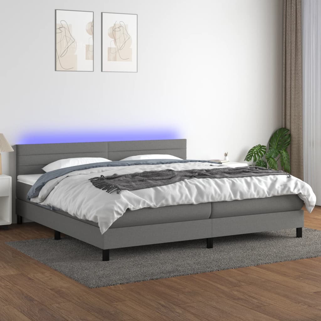 Boxspring met matras en LED stof donkergrijs 200x200 cm – afbeelding 1