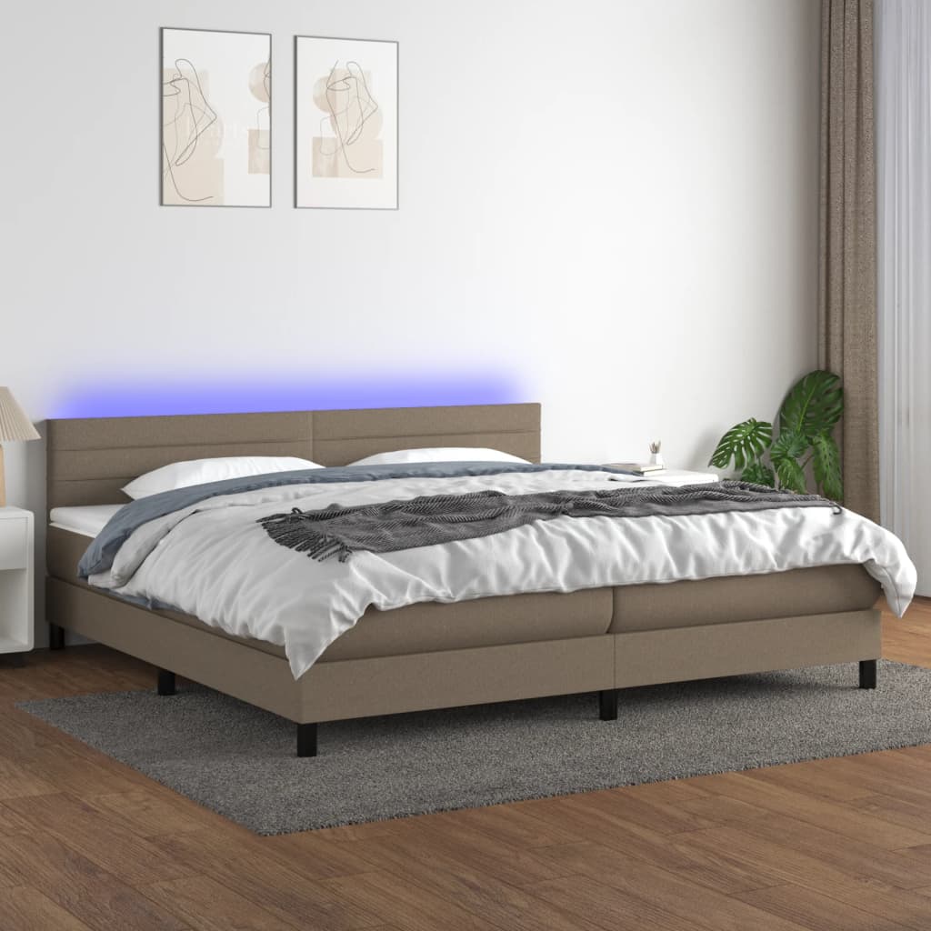 Boxspring met matras en LED stof taupe 200x200 cm – afbeelding 1