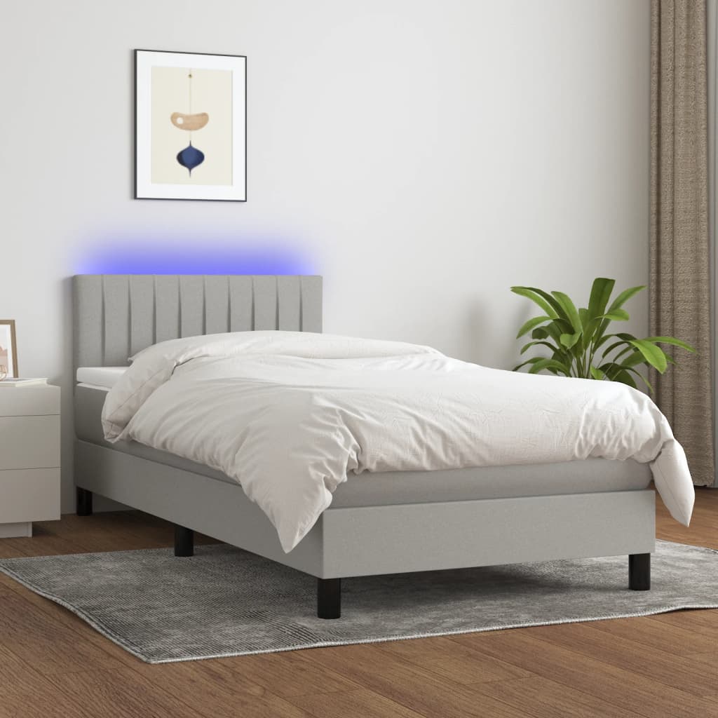 Boxspring met matras en LED stof lichtgrijs 90x190 cm – afbeelding 1