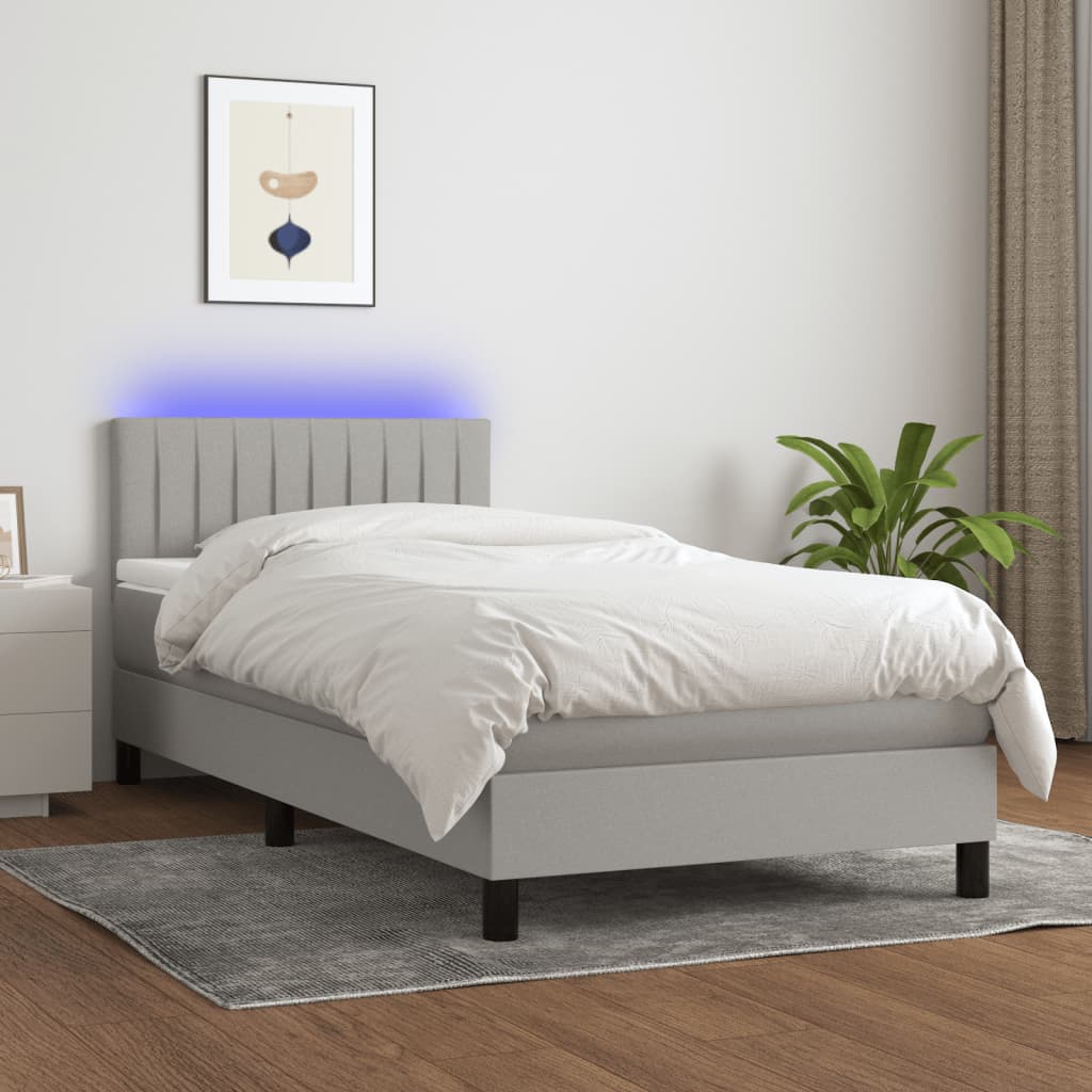 Boxspring met matras en LED stof lichtgrijs 90x200 cm – afbeelding 1