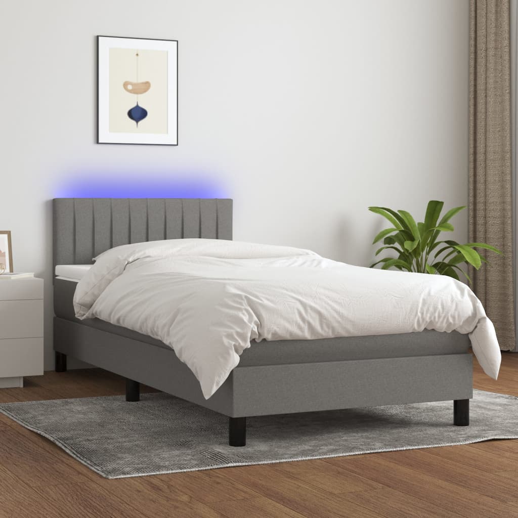 Boxspring met matras en LED stof donkergrijs 100x200 cm – afbeelding 1