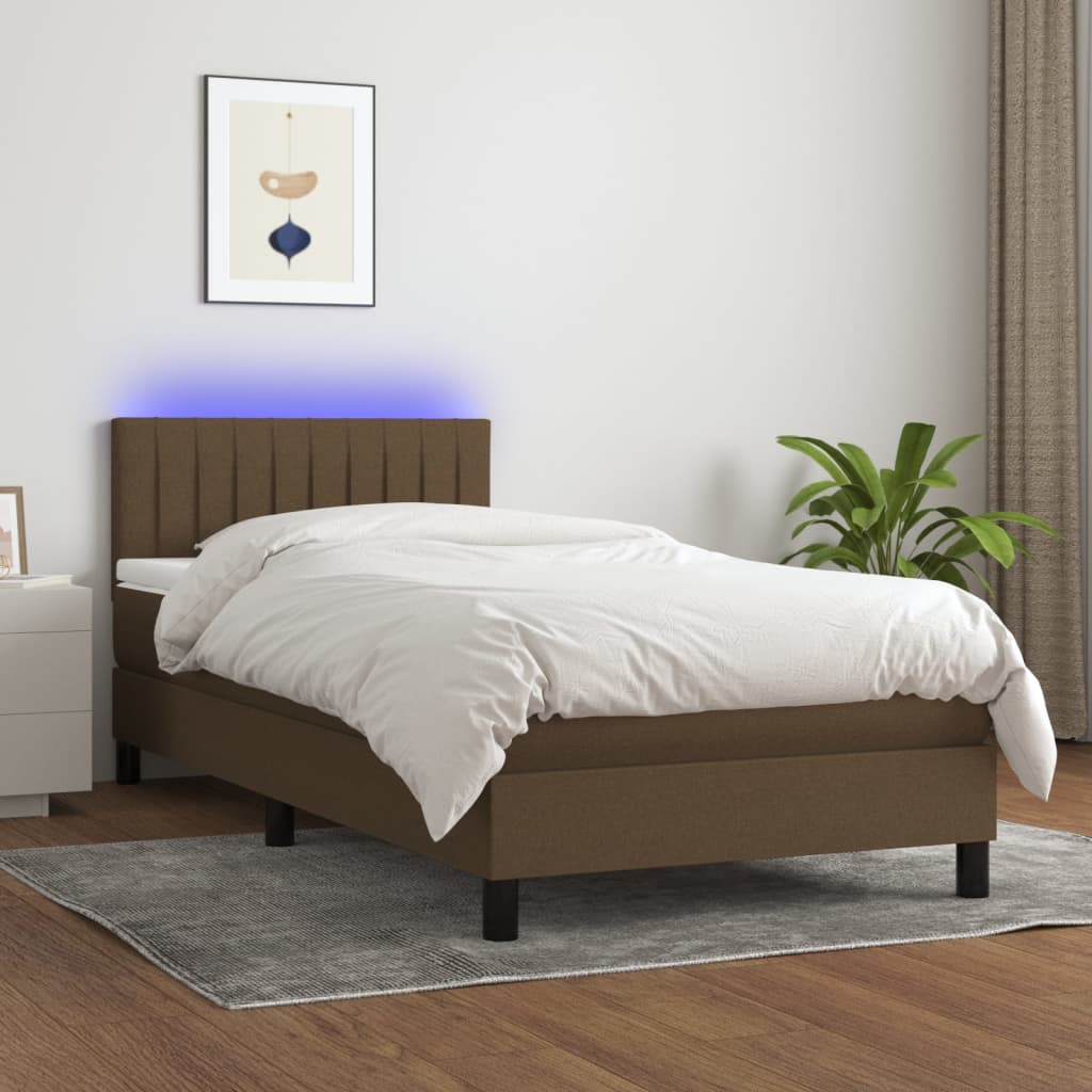 Boxspring met matras en LED stof donkerbruin 100x200 cm – afbeelding 1