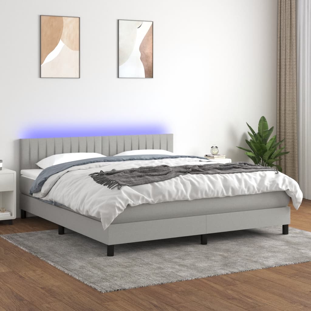 Boxspring met matras en LED stof lichtgrijs 160x200 cm – afbeelding 1