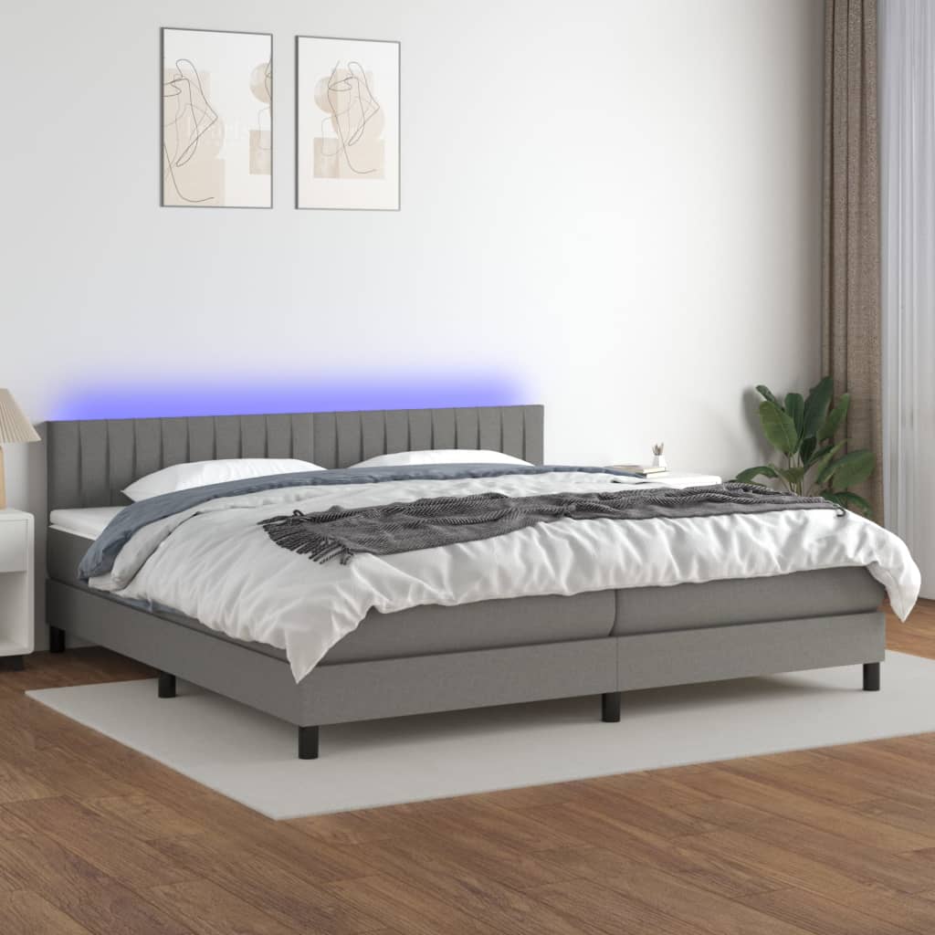 Boxspring met matras en LED stof donkergrijs 200x200 cm – afbeelding 1