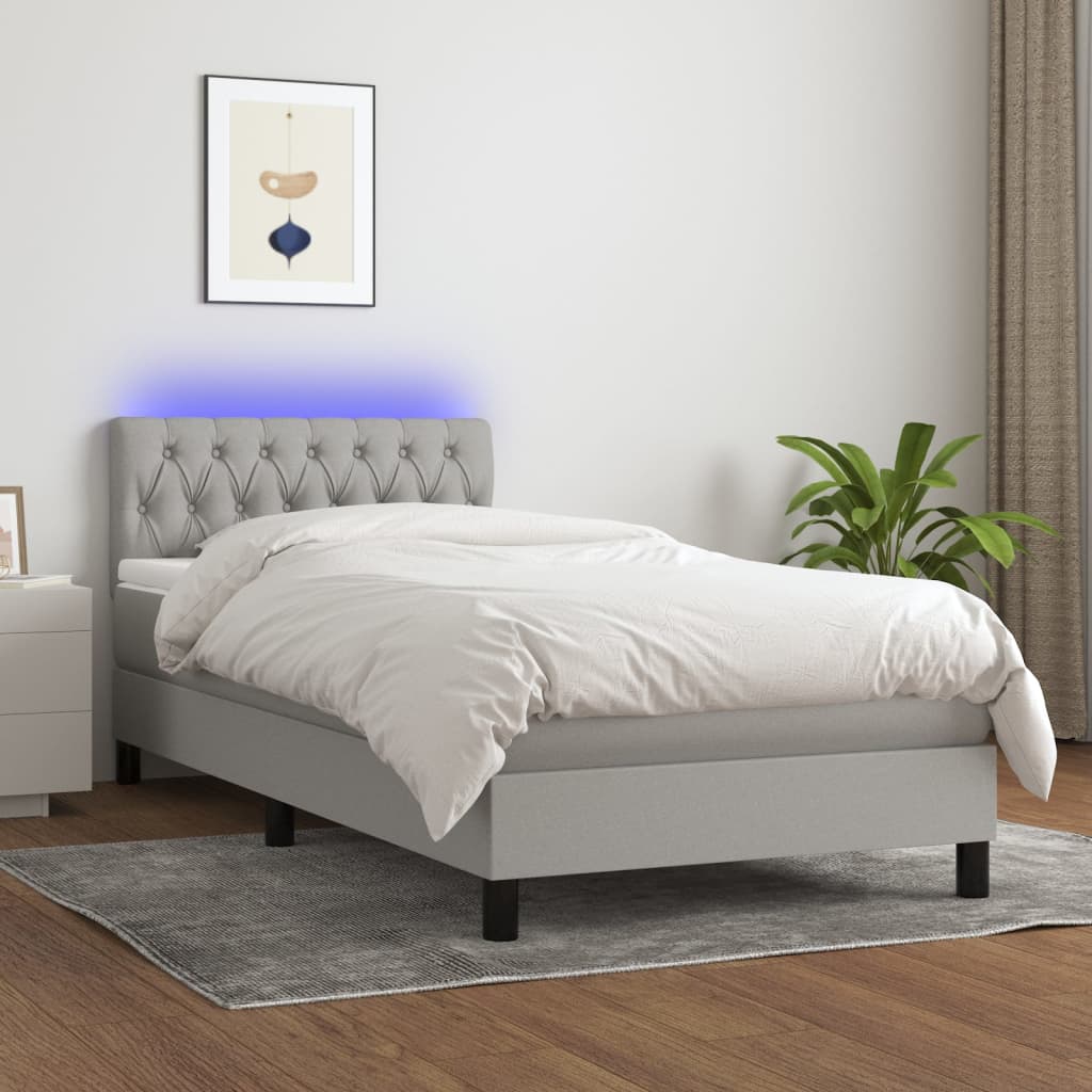 Boxspring met matras en LED stof lichtgrijs 90x200 cm – afbeelding 1