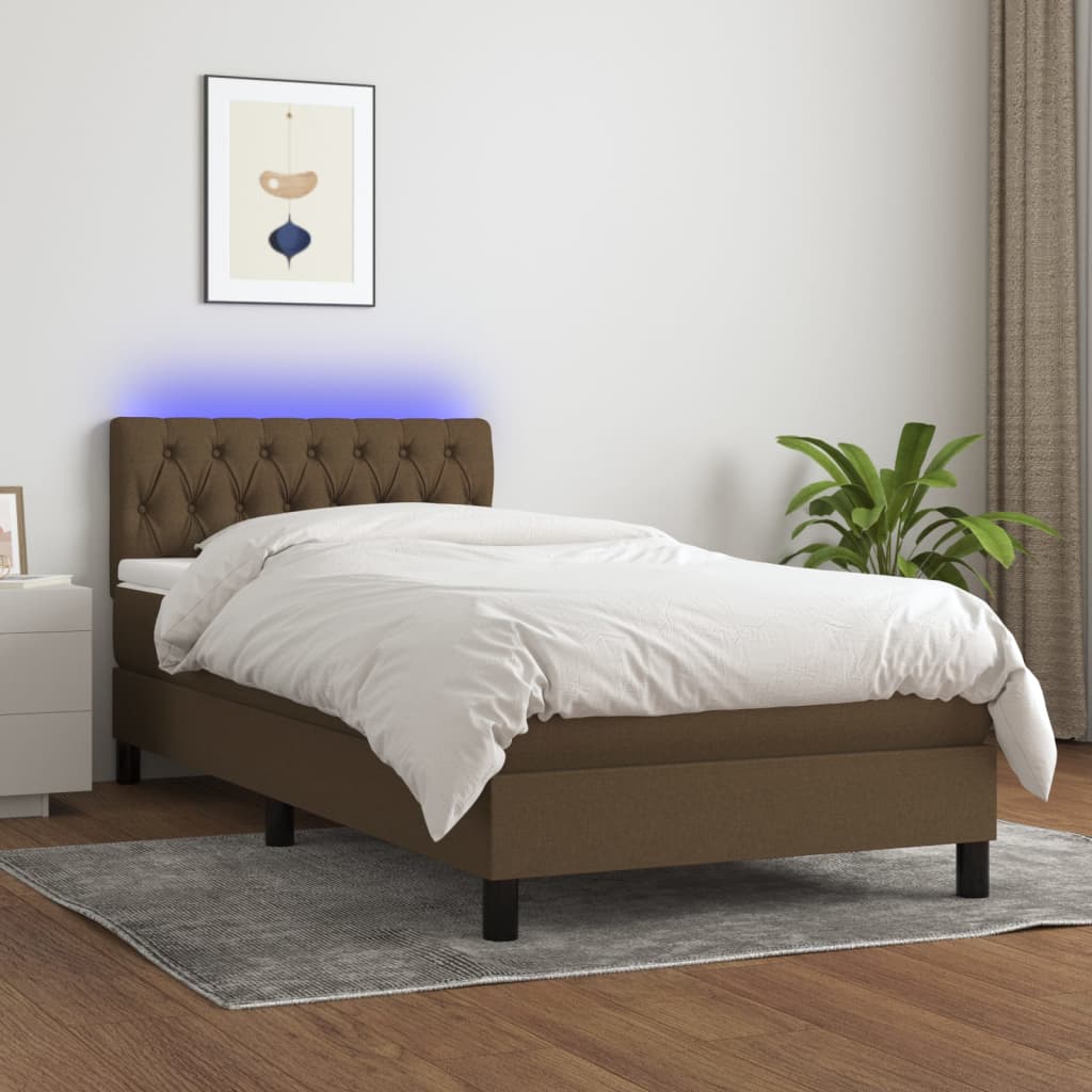 Boxspring met matras en LED stof donkerbruin 100x200 cm – afbeelding 1