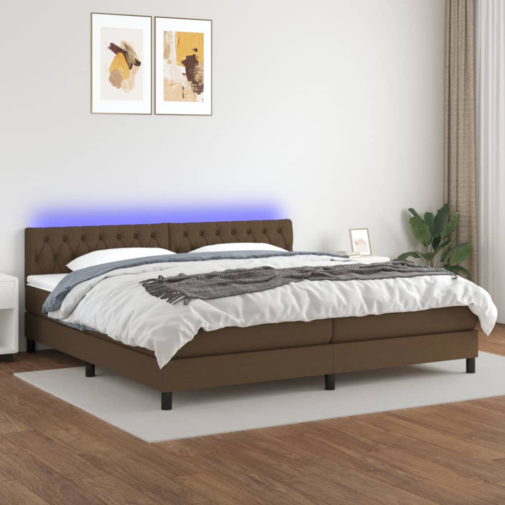 Boxspring met matras en LED stof donkerbruin 200x200 cm – afbeelding 1