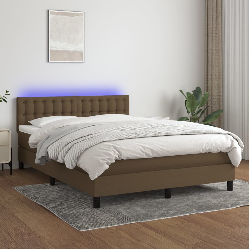 Boxspring met matras en LED stof donkerbruin 140x190 cm – afbeelding 1