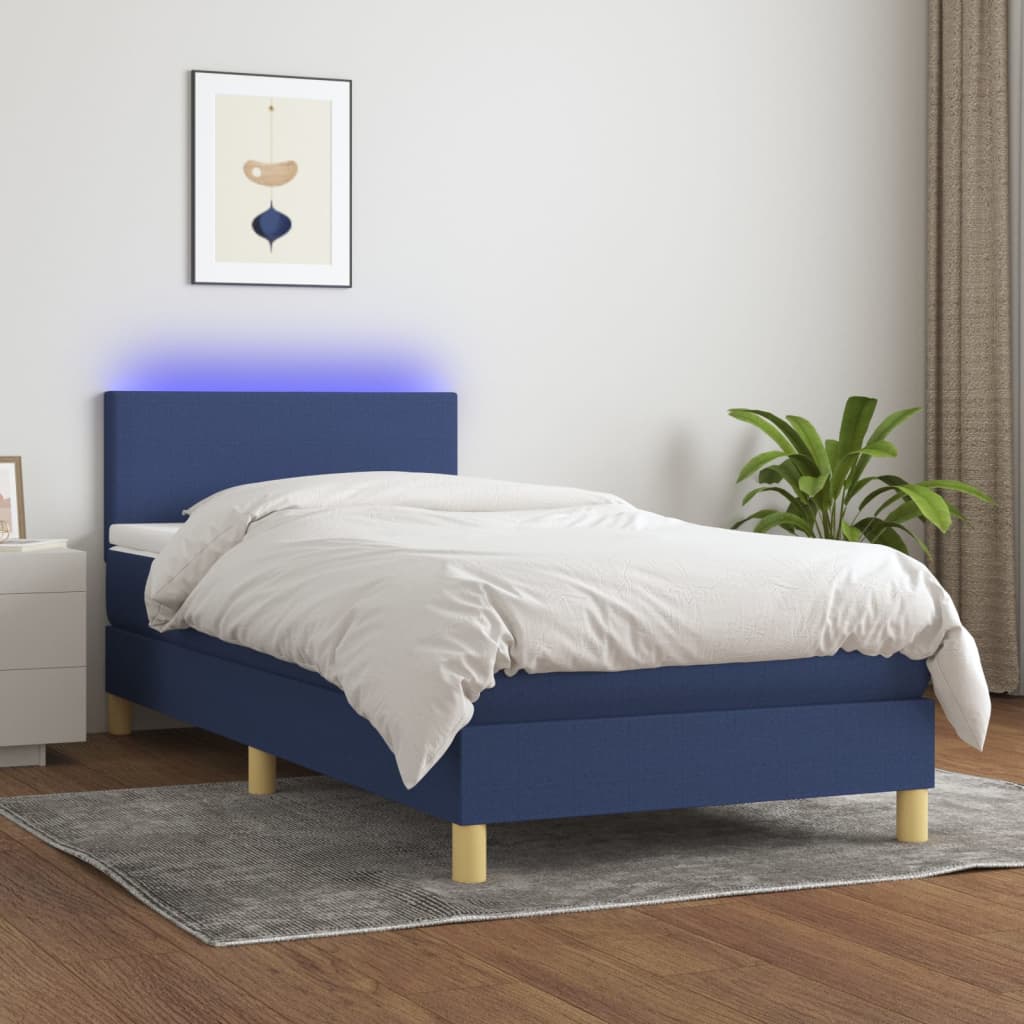 Boxspring met matras en LED stof blauw 90x200 cm – afbeelding 1