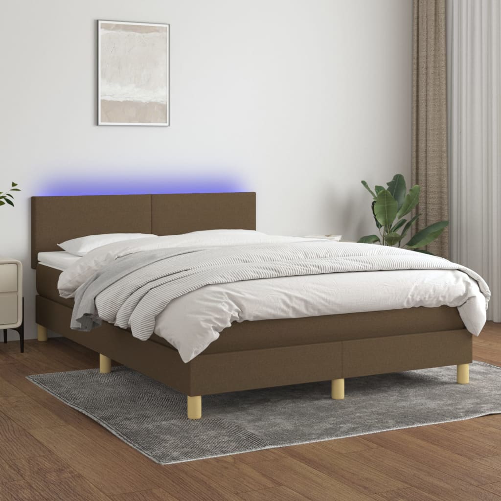 Boxspring met matras en LED stof donkerbruin 140x190 cm – afbeelding 1