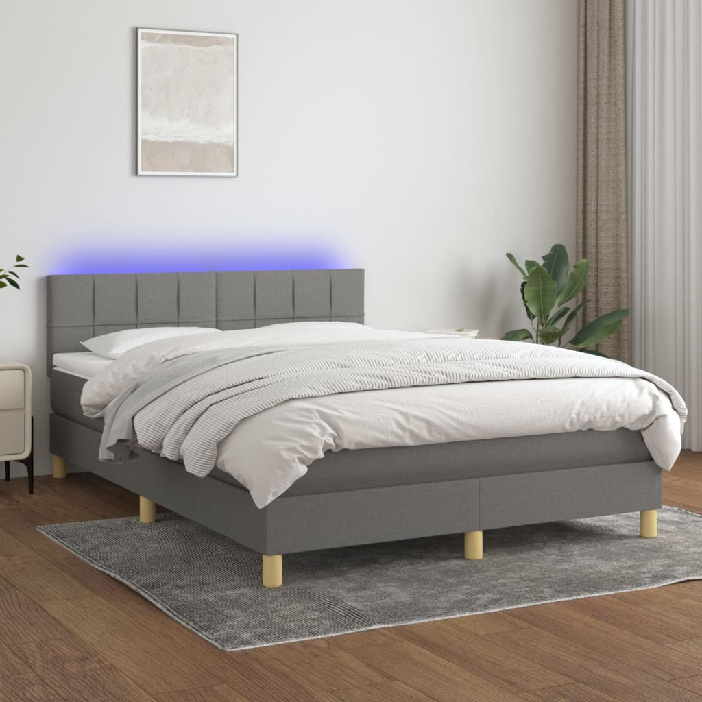 Boxspring met matras en LED stof donkergrijs 140x190 cm – afbeelding 1