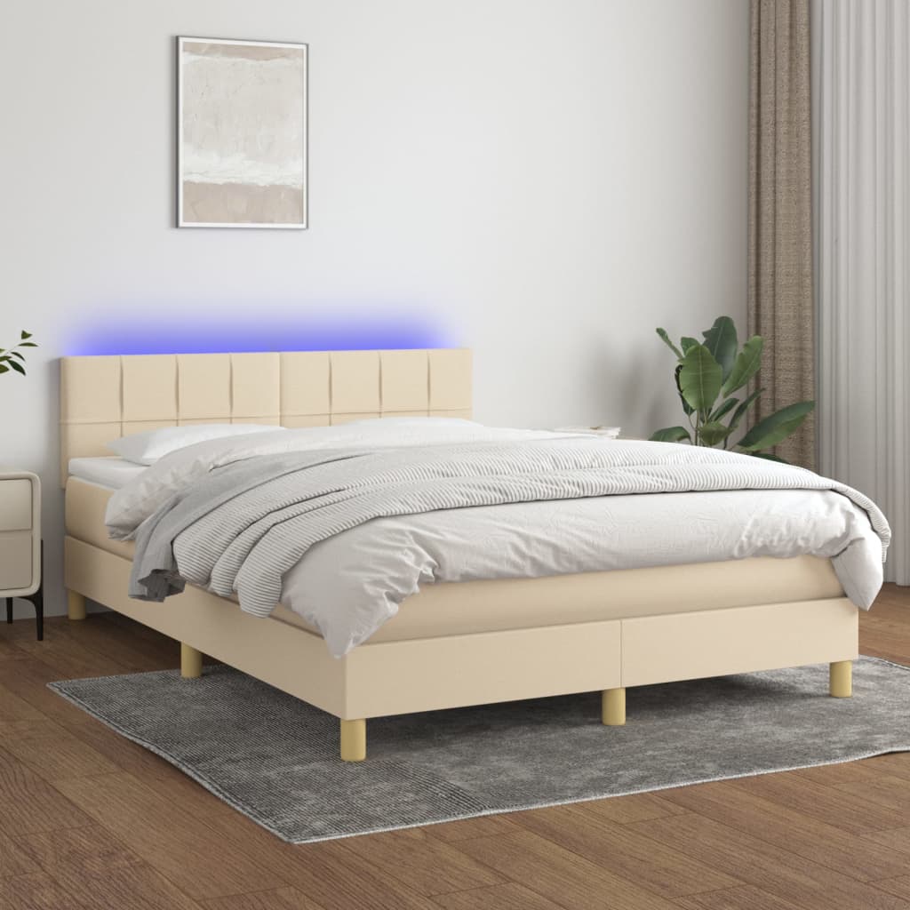 Boxspring met matras en LED stof crèmekleurig 140x200 cm – afbeelding 1