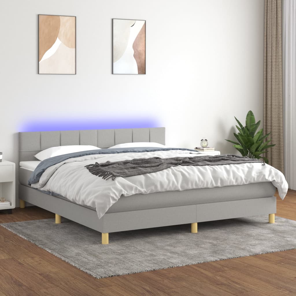 Boxspring met matras en LED stof lichtgrijs 160x200 cm – afbeelding 1