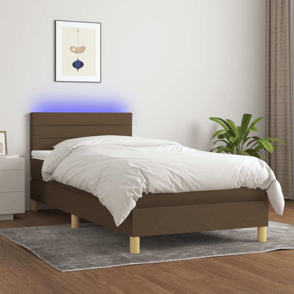 Boxspring met matras en LED stof donkerbruin 90x190 cm – afbeelding 1
