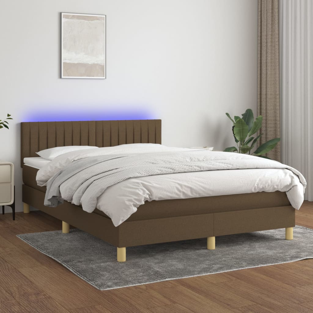 Boxspring met matras en LED stof donkerbruin 140x190 cm – afbeelding 1