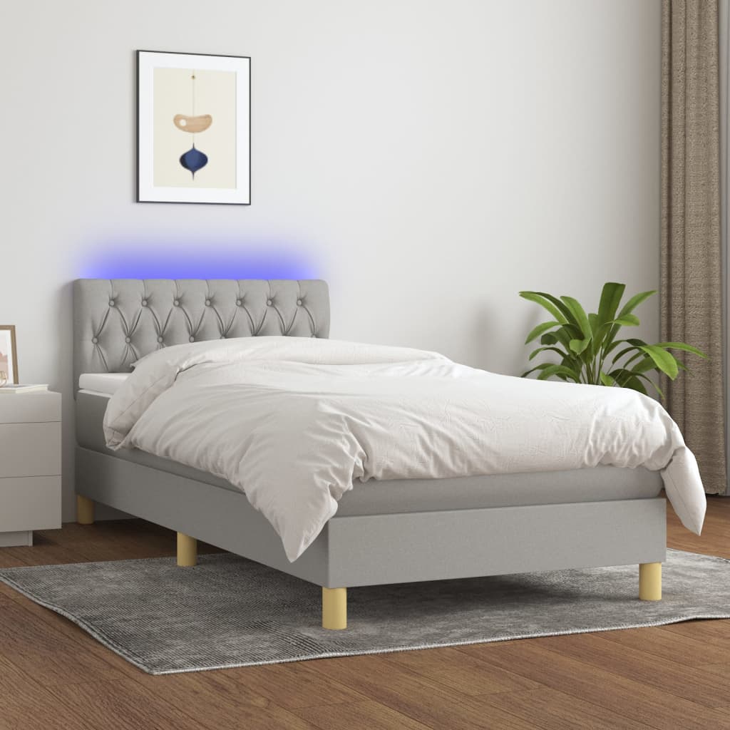 Boxspring met matras en LED stof lichtgrijs 90x190 cm – afbeelding 1