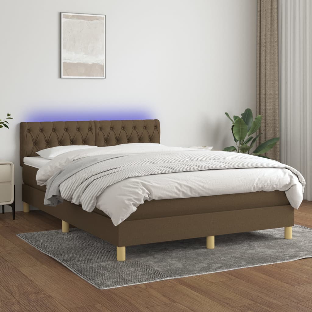 Boxspring met matras en LED stof donkerbruin 140x200 cm – afbeelding 1