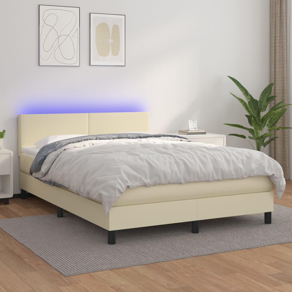Boxspring met matras en LED kunstleer crèmekleurig 140x190 cm – afbeelding 1
