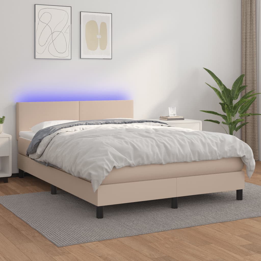 Boxspring met matras en LED kunstleer cappuccinokleur 140x190cm – afbeelding 1