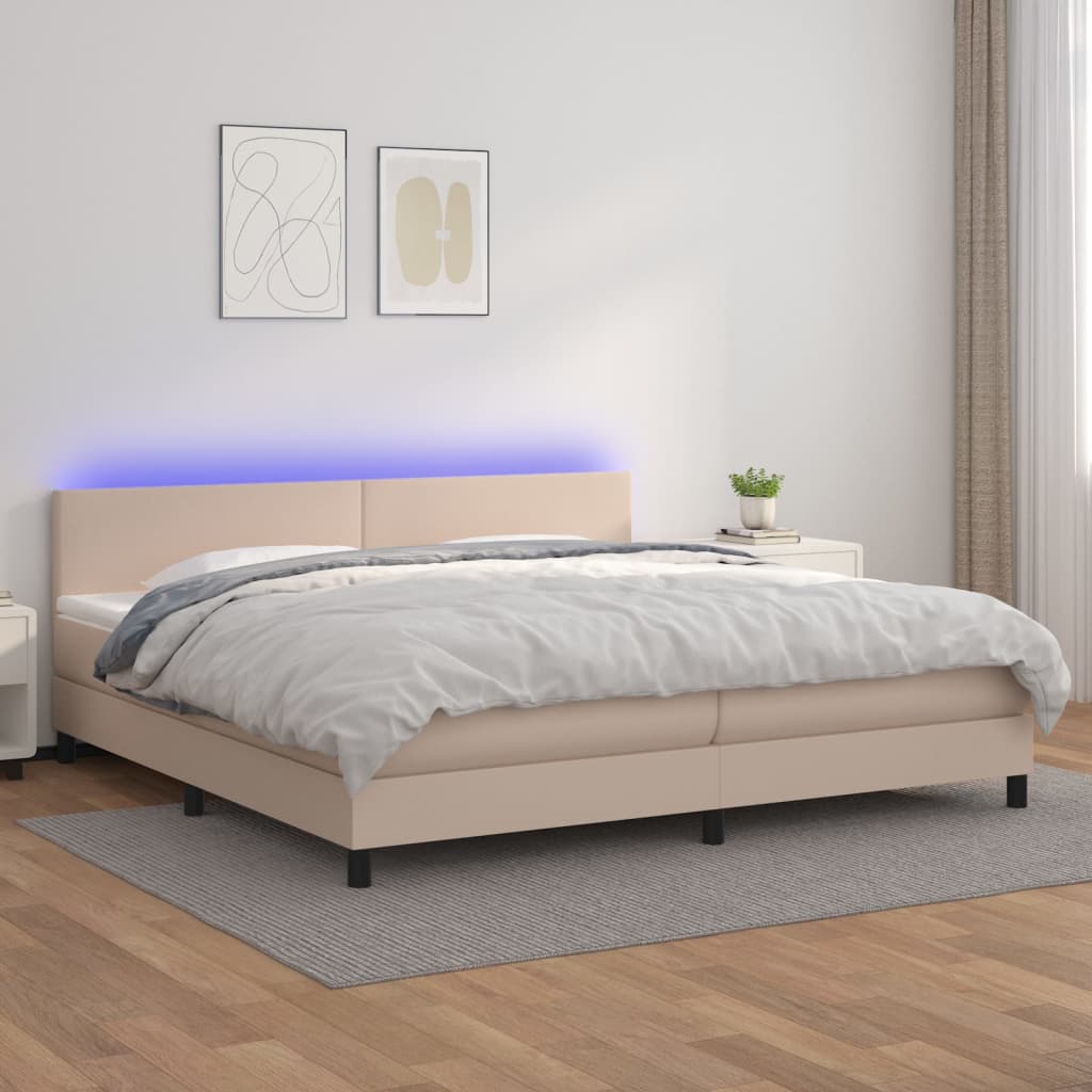Boxspring met matras en LED kunstleer cappuccinokleur 200x200cm – afbeelding 1