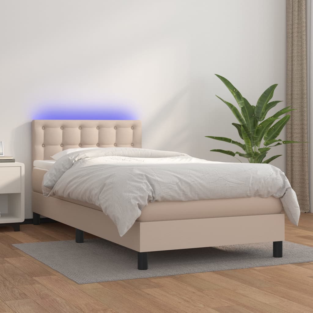 Boxspring met matras en LED kunstleer cappuccinokleur 90x190 cm – afbeelding 1