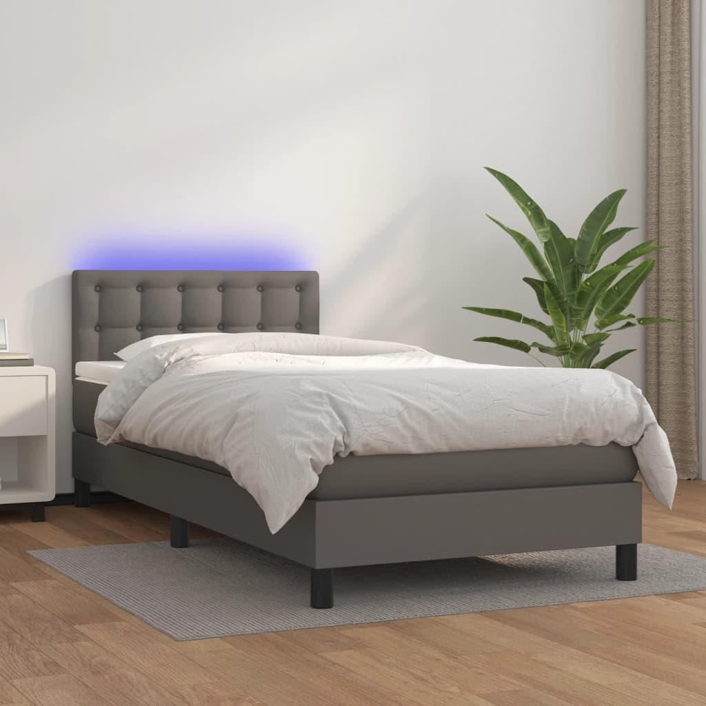 Boxspring met matras en LED kunstleer grijs 90x200 cm – afbeelding 1