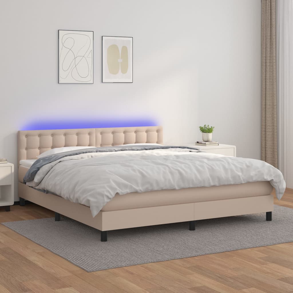 Boxspring met matras en LED kunstleer cappuccinokleur 160x200cm – afbeelding 1