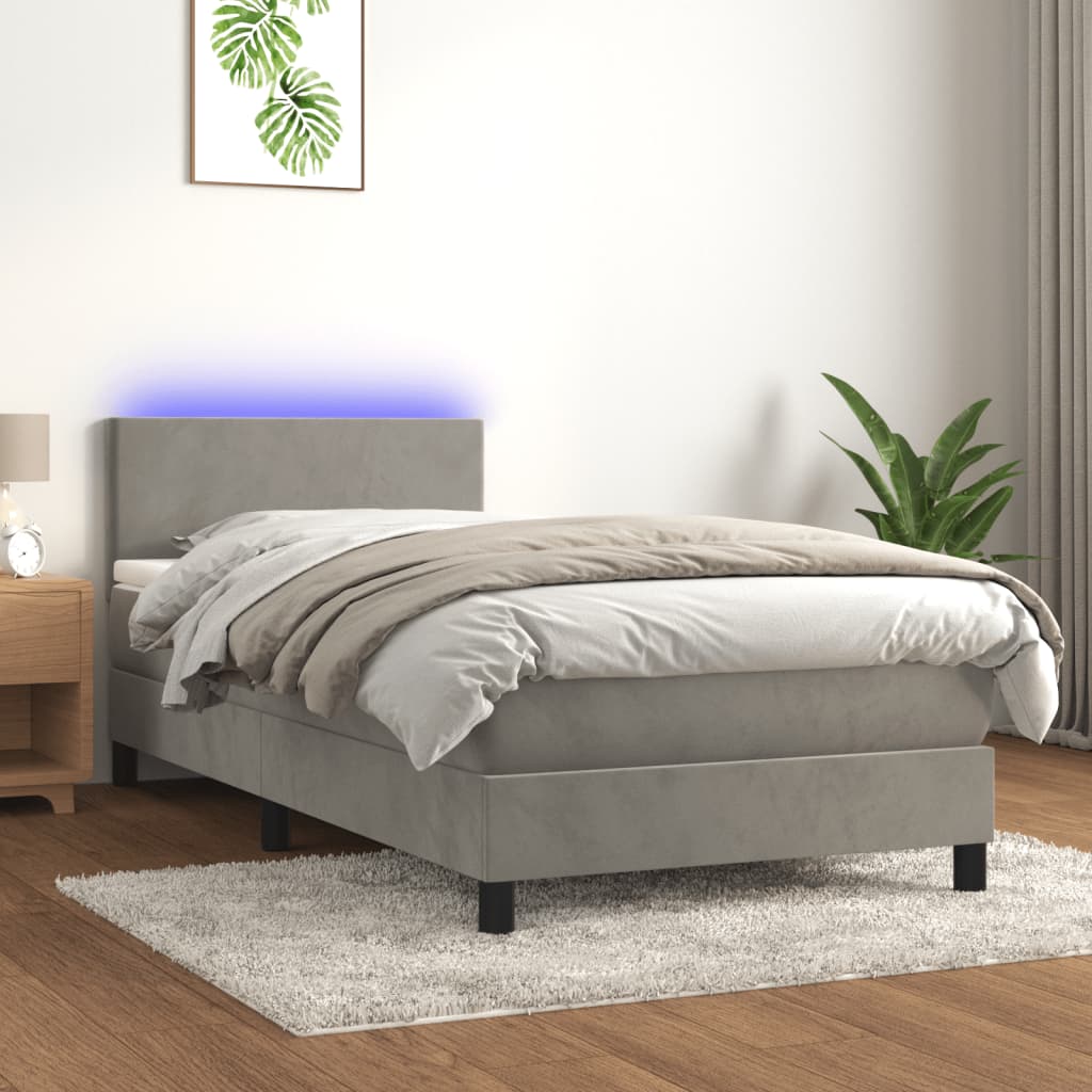 Boxspring met matras en LED fluweel lichtgrijs 100x200 cm – afbeelding 1